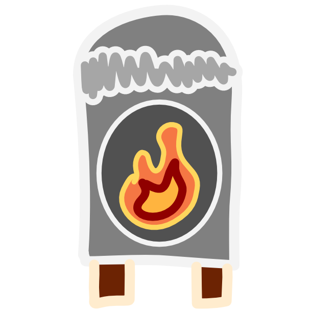 A grey rectangle with an arched top sits on two brown blocks. At the top corners before it arches is a squiggly grey line outlined in black. Inside the body of the rectangle is a circle with a flame in it. The line art in the image is light.